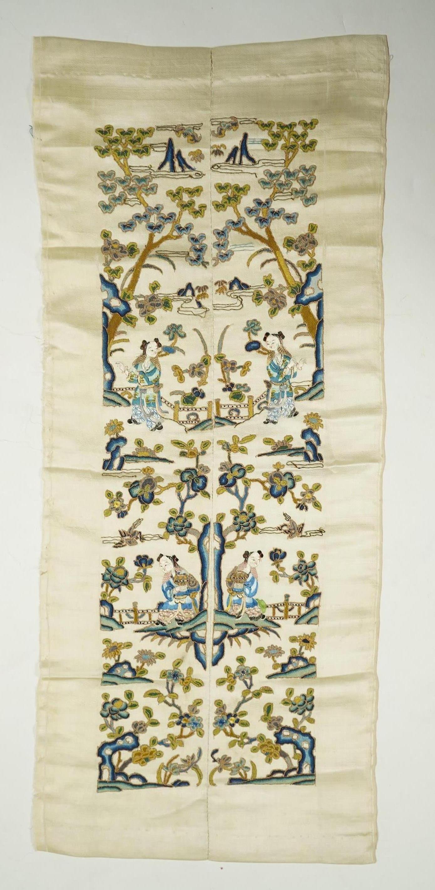 A pair of late 19th century Chinese figurative silk embroidered sleeve bands. Embroidered on cream silk using mostly Chinese knot, couched with gold thread. 53cm x 9cm each wide. Condition - cream silk, embroidery are bo